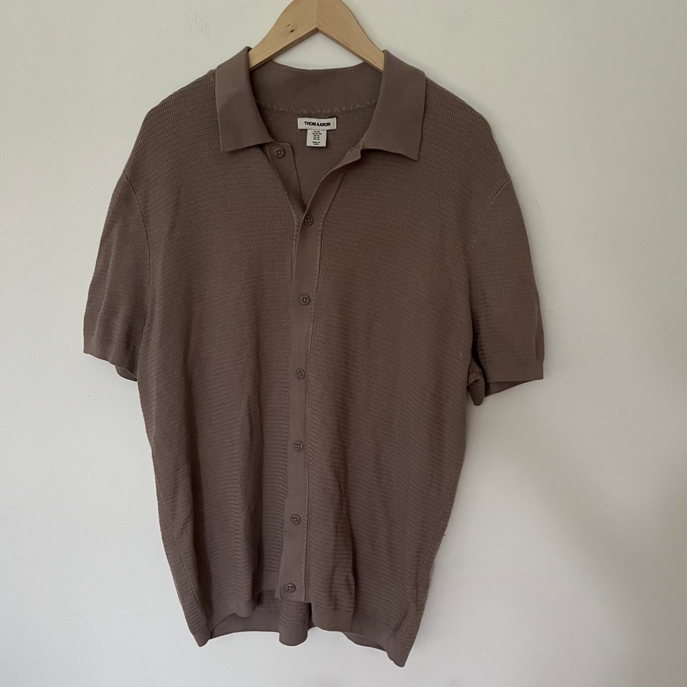 Thom Aaron Mens XL Knit Polo Shirt Short Sleeve Button Down Taupe Brown Textured